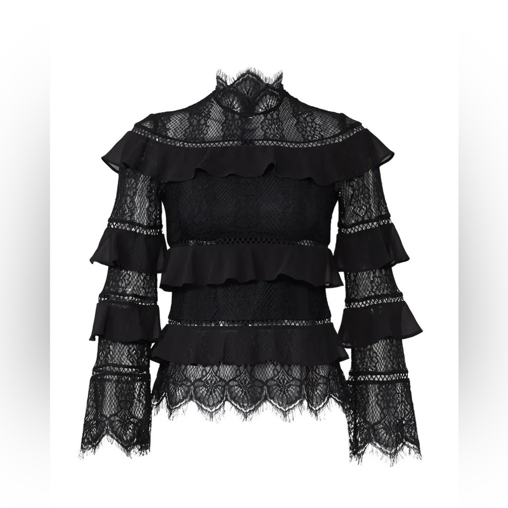 KEEPSAKE the Label Black Lace Elegant Formal Evening Party Ruffle Top Sz S